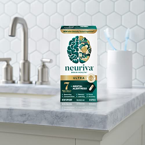 NEURIVA Ultra Decaffeinated Clinically Tested Nootropic Brain Supplement for Mental Alertness, Memory, Focus & Concentration, Cognivive, Neurofactor, Phosphatidylserine, Vitamins B6 B12, 60 Capsules