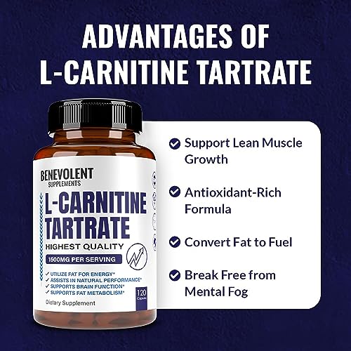 Premium L-Carnitine Tartrate Supplement - 1500mg - Utilize Fat for Energy with Tartrate, Lean Muscle Gain, Boost Natural Energy, Support Metabolism & Fatigue - 120 Non-GMO Pure L Carnitine Capsules