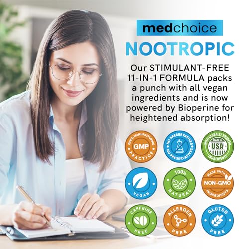 10-in-1 Nootropic Brain Supplements for Memory and Focus - Ginkgo Biloba Supplements with L Theanine and Alpha GPC Choline - 1316mg, 60ct - Stimulant Free, Vegan, Non-GMO - Focus Support (1 Pack)