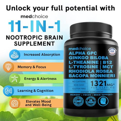 10-in-1 Nootropic Brain Supplements for Memory and Focus - Ginkgo Biloba Supplements with L Theanine and Alpha GPC Choline - 1316mg, 60ct - Stimulant Free, Vegan, Non-GMO - Focus Support (1 Pack)