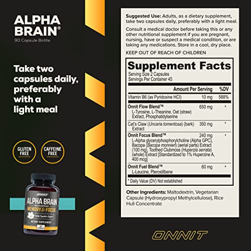 Onnit Alpha Brain Premium Nootropic Brain Supplement, 90 Count, for Men & Women - Caffeine-Free Focus Capsules for Concentration, Brain & Memory Support - Brain Booster Cat's Claw, Bacopa, Oat Straw