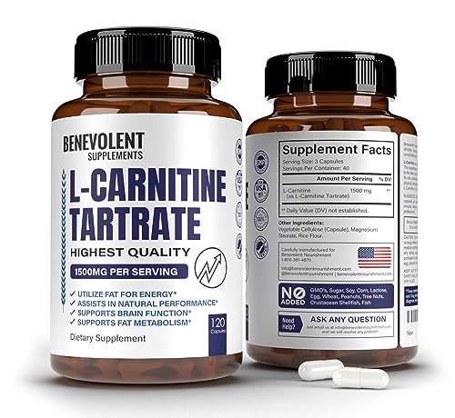Premium L-Carnitine Tartrate Supplement - 1500mg - Utilize Fat for Energy with Tartrate, Lean Muscle Gain, Boost Natural Energy, Support Metabolism & Fatigue - 120 Non-GMO Pure L Carnitine Capsules