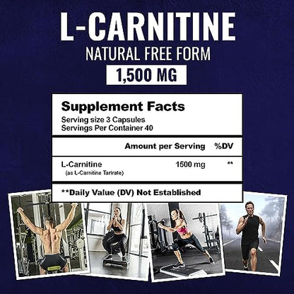 Premium L-Carnitine Tartrate Supplement - 1500mg - Utilize Fat for Energy with Tartrate, Lean Muscle Gain, Boost Natural Energy, Support Metabolism & Fatigue - 120 Non-GMO Pure L Carnitine Capsules