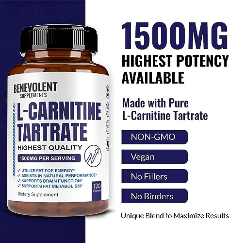 Premium L-Carnitine Tartrate Supplement - 1500mg - Utilize Fat for Energy with Tartrate, Lean Muscle Gain, Boost Natural Energy, Support Metabolism & Fatigue - 120 Non-GMO Pure L Carnitine Capsules