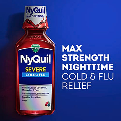 Vicks NyQuil SEVERE Cold, Flu, and Congestion Medicine, 2x12 fl oz Twin Pack, Berry Flavor, Maximum Strength, Nighttime Relief