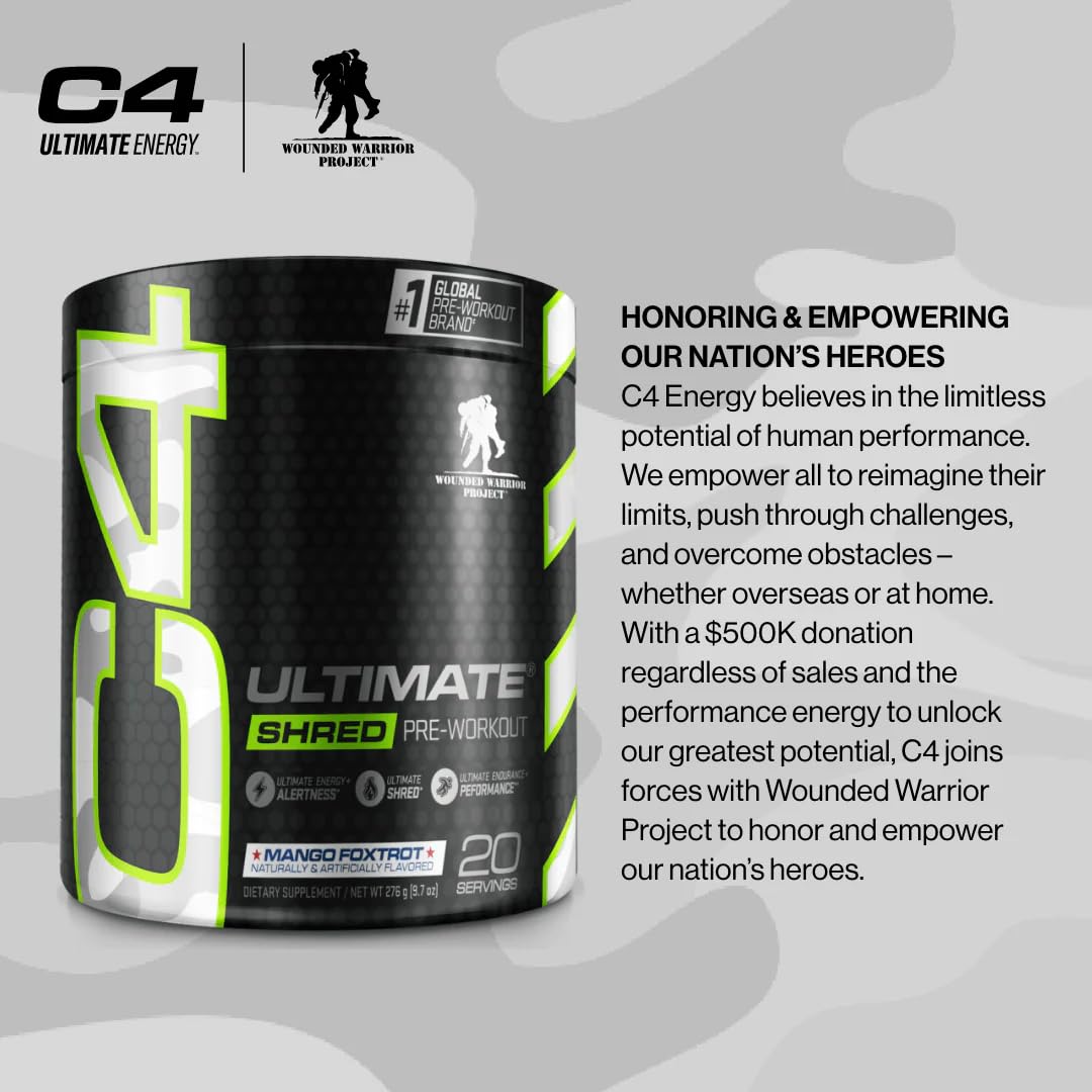 Cellucor C4 Ultimate Shred x Wounded Warrior Project Pre Workout Powder, Fat Burner for Men & Women, Weight Loss Supplement with Ginger Root Extract, Mango Foxtrot, 20 Servings (Pack of 1)