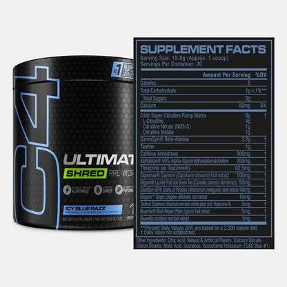 Cellucor C4 Ultimate Shred Pre Workout Powder for Men & Women, Metabolism Supplement with Ginger Root Extract, ICY Blue Razz, 20 Servings (Pack of 1)