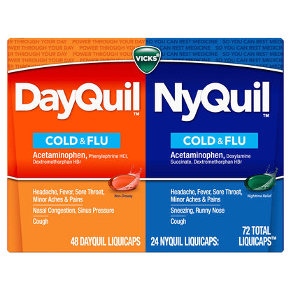 Vicks DayQuil and NyQuil Combo Pack, Cold & Flu Medicine, Powerful Multi-Symptom Daytime And Nighttime Relief For Headache, Fever, Sore Throat, Cough, 72 Count, 48 DayQuil, 24 NyQuil Liquicaps