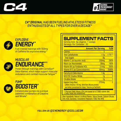 Cellucor C4 Original Pre Workout Powder Fruit Punch | Vitamin C for Immune Support | Sugar Free Preworkout Energy for Men & Women | 150mg Caffeine + Beta Alanine + Creatine | 30 Servings