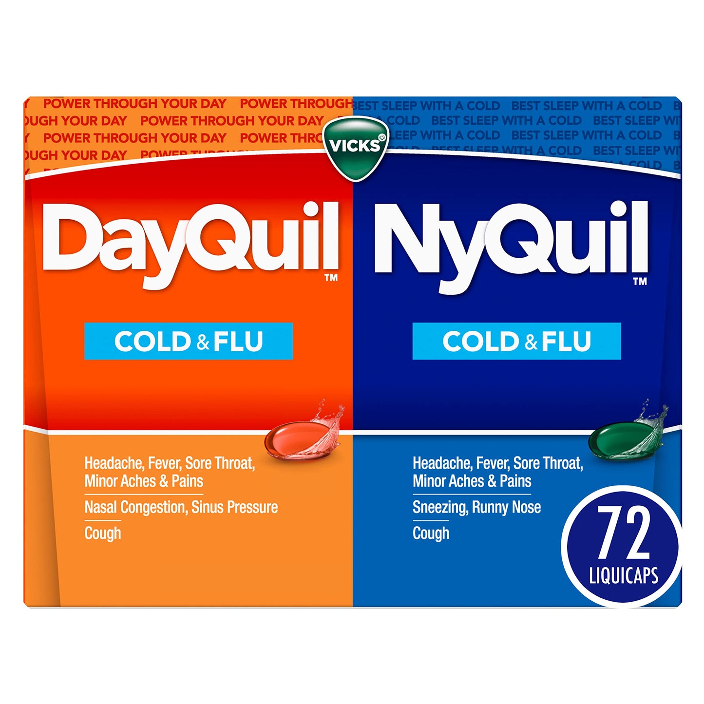 Vicks DayQuil and NyQuil Combo Pack, Cold & Flu Medicine, Powerful Multi-Symptom Daytime And Nighttime Relief For Headache, Fever, Sore Throat, Cough, 72 Count, 48 DayQuil, 24 NyQuil Liquicaps