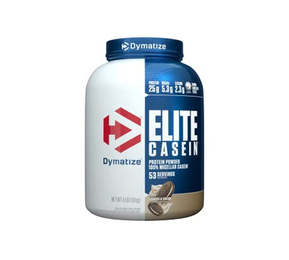 Dymatize Elite Casein Protein Powder, Slow Absorbing with Muscle Building Amino Acids, 100% Micellar Casein, 25g Protein, 5.3g BCAAs & 2.3g Leucine, Helps Overnight Recovery, Cookies & Cream, 4 lb