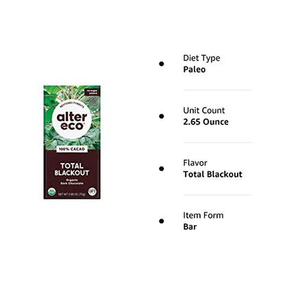 Alter Eco | Dark Chocolate Bars | Pure Dark Cocoa, Fair Trade, Organic, Non-GMO, Gluten Free (Total Blackout)