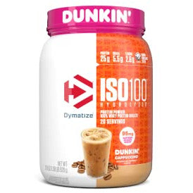 Dymatize ISO100 Hydrolyzed 100% Whey Isolate Protein Powder in Dunkin' Cappuccino Flavor, 25g Protein, 95mg Caffeine, 5.5g BCAAs, Gluten Free, Fast Absorbing, Easy Digesting, 21.5 Oz