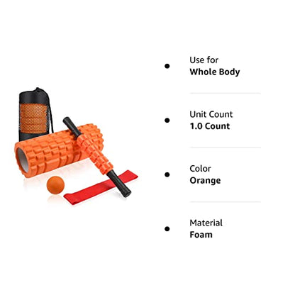 5 in1 Foam Roller Set, Trigger Point Foam Roller, Yoga Stick, Massage Ball, Fitness Stretching Strap, Carrying Bag, Towel, Massage Roller for Deep Muscle Massage Pilates Yoga, Orange