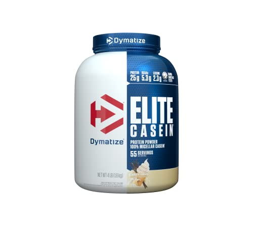 Dymatize Elite Casein Protein Powder, Slow Absorbing with Muscle Building Amino Acids, 100% Micellar Casein, 25g Protein, 5.4g BCAAs & 2.3g Leucine, Helps Overnight Recovery, Smooth Vanilla, 4 Pound