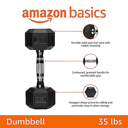 Amazon Basics Rubber Encased Exercise & Fitness Hex Dumbbell, Hand Weight for Strength Training, 35 Pounds, Black & Silver