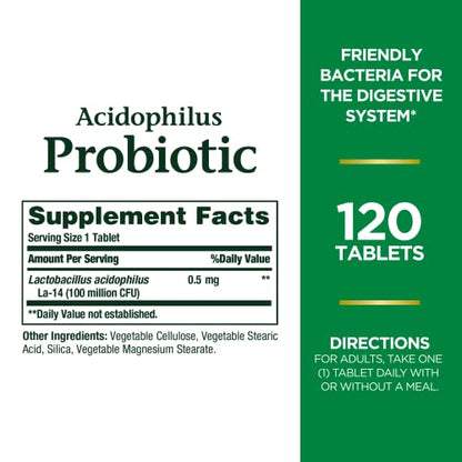 Nature’s Bounty Acidophilus Probiotic, Daily Probiotic Supplement, Supports Digestive Health, 1 Pack, 120 Tablets