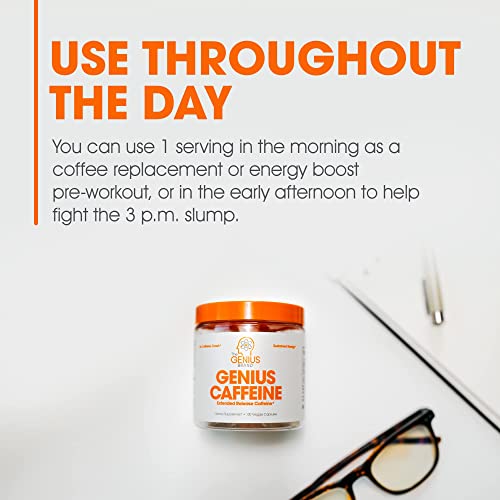 Genius Caffeine Pills 100mg, Extended-Release Microencapsulated Caffeine Pills - All-Natural Non-Crash Sustained Energy, Focus & Concentration Supplement - Nootropic Brain Booster - 100 Capsules