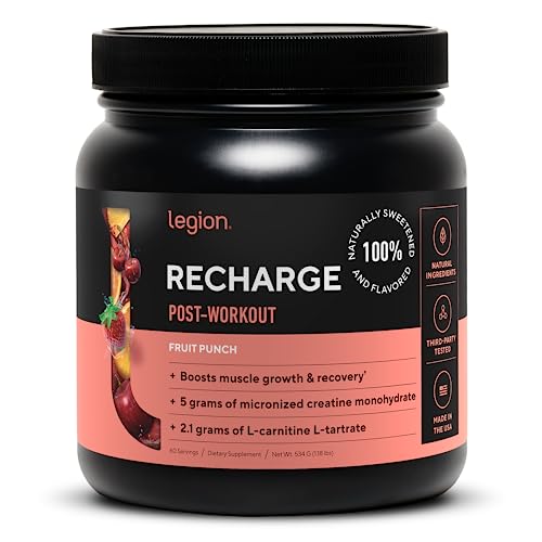 Legion Recharge Post Workout Supplement - All Natural Muscle Builder & Recovery Drink With Creatine Monohydrate. Naturally Sweetened & Flavored, Safe & Healthy. 60 Servings. (Fruit Punch, 60 Servings)