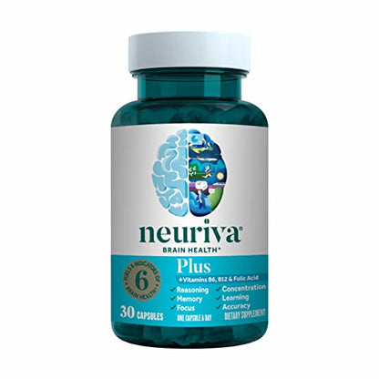 NEURIVA Plus Brain Supplement for Memory and Focus Clinically Tested Nootropics for Concentration for Mental Clarity, Cognitive Enhancement Vitamins B6, B12, Phosphatidylserine 30 Capsules