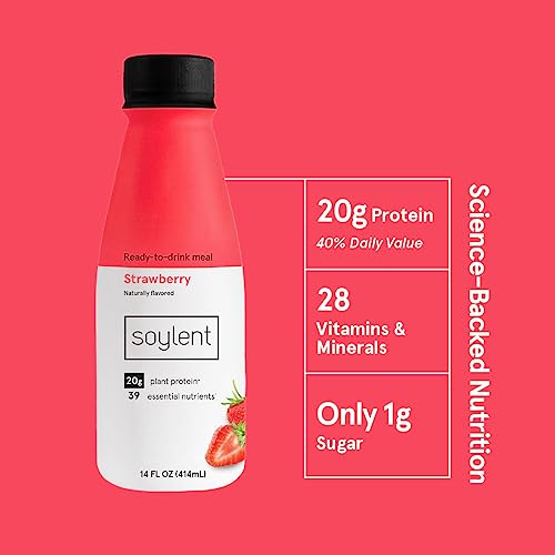 Soylent Strawberry Meal Replacement Shake, Ready-to-Drink Plant Based Protein Drink, Contains 20g Complete Vegan Protein and 1g Sugar, 14oz, 12 Pack