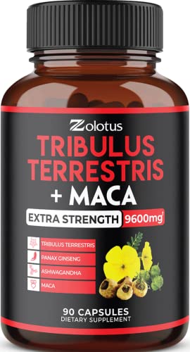 Zolotus Premium Tribulus Terrestris Maca, 9600mg Per Capsule, Highest Potency with Ashwagndha, Panax Ginseng, Boost Energy, Mood, Stamina & Performance, for Men & Women 90 Count (Pack of 1)