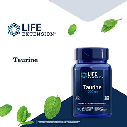 Life Extension Taurine, Pure taurine amino acid supplement, heart, liver and brain health, longevity, muscle and exercise, 1000 mg dose, Non-GMO, gluten-free, vegetarian, 90 vegetarian capsules