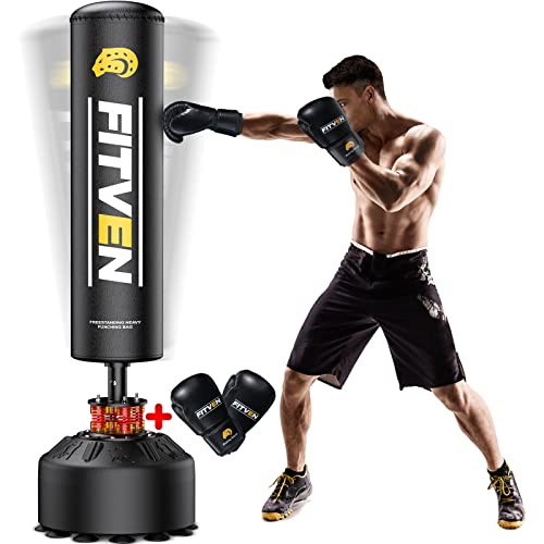 FITVEN Freestanding Punching Bag 70''-205lbs with Boxing Gloves Heavy Boxing Bag with Suction Cup Base for Adult Youth Kids - Men Stand Kickboxing Bag for Home Office