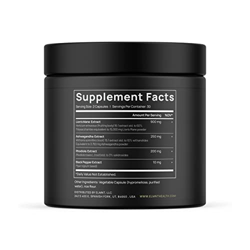 ELMNT 20,000mg 16x Strength Lions Mane Super Nootropic + Adaptogens Brain Supplement - Highest Potency Lion's Mane Extract 50% Polysaccharides w. Ashwagandha & Rhodiola for Focus, Energy, Memory