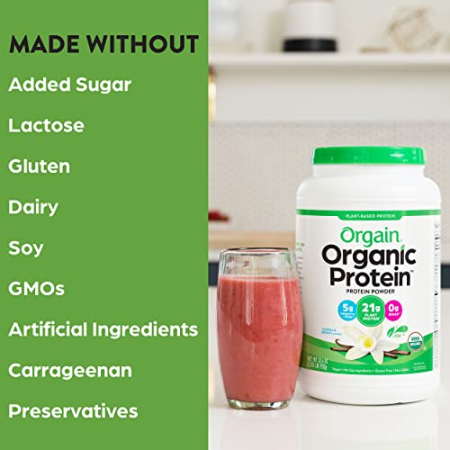 Orgain Organic Vegan Protein Powder, Vanilla Bean - 21g of Plant Based Protein, Low Net Carbs, Gluten Free, Lactose Free, No Sugar Added, Soy Free, Kosher, Non-GMO, 2.03 Lb