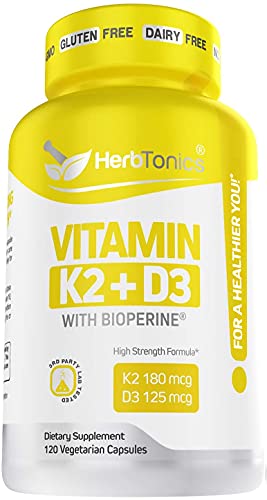 Immune System Support Vitamin K2 (MK7) with D3 5000 Iu Supplement with Bioperine (Black Pepper) 120 Vegetarian Capsules, Strong Bones and Heart Health -k2 d3 Complex- Tiny Easy to Swallow