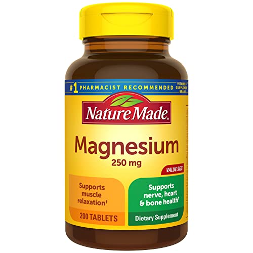 Nature Made Magnesium Oxide 250 mg, Dietary Supplement for Muscle, Heart, Bone and Nerve Health Support, 200 Tablets, 200 Day Supply