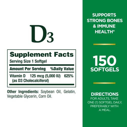 Nature's Bounty Vitamin D3, immune and bone support, 5000IU, Softgels, 150 Ct