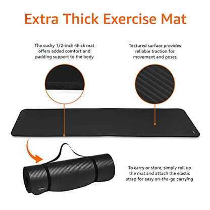 Amazon Basics Extra Thick Exercise Yoga Gym Floor Mat with Carrying Strap, 74 x 24 x .5 Inches, Black