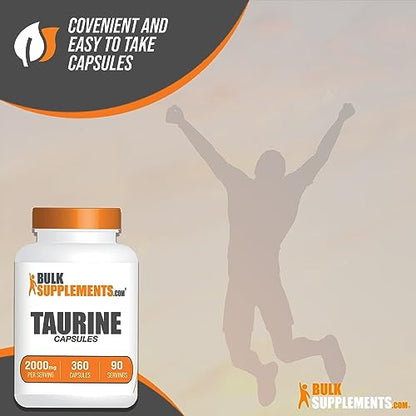 BULKSUPPLEMENTS.COM Taurine Capsules - Taurine Supplement, Taurine 2000mg, Amino Acids for Heart Health, Taurine Pills - Gluten Free, 4 Taurine 500mg Capsules per Serving (2000mg), 360 Capsules