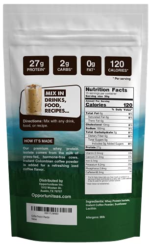 Coffee Whey Protein Powder - Low Carb & Keto Friendly - Grass Fed Whey Isolate + Colombian Coffee - 60 mg Caffeine For Energy - Pre or Post Workout Drink Mix, Latte, Shake & Smoothie - 1 Pound