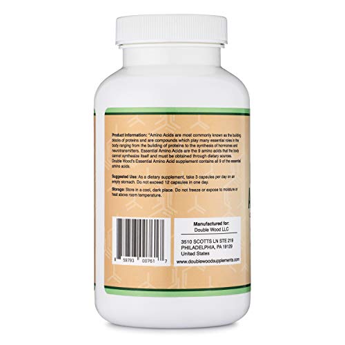 Essential Amino Acids - 1 Gram Per Serving Powder Blend of All 9 Essential Aminos (EAA) and all Branched-Chain Aminos (BCAAs) (Leucine, Isoleucine, Valine) 225 Capsules by Double Wood Supplements