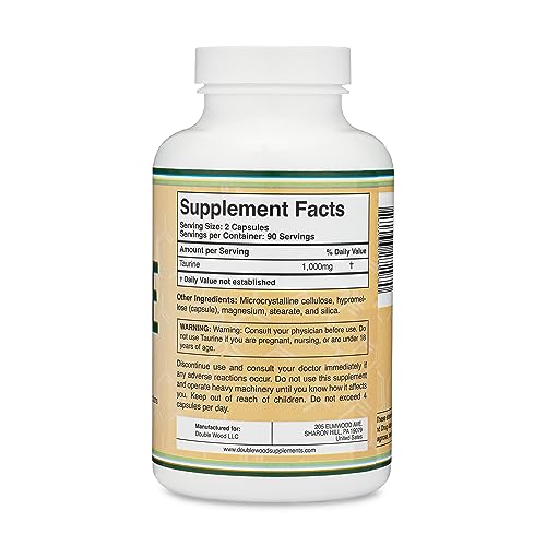 Taurine Supplement 1000mg Per Serving, 180 Capsules - Amino Acid Studied to Support a Longer, Healthier Life (Taurina) Manufactured in The USA, Vegan Safe, Gluten Free, Non-GMO by Double Wood