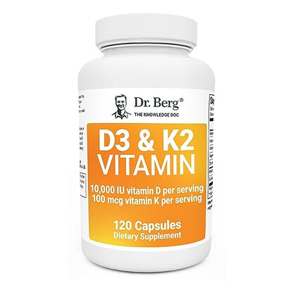 Dr. Berg's Vitamin D3 K2 Supplement w/MCT Oil - Includes 10,000 IU of Vitamin D3, 100 mcg MK7 Vitamin K2, Purified Bile Salts, Zinc & Magnesium for Ultimate Absorption - 120 Capsule