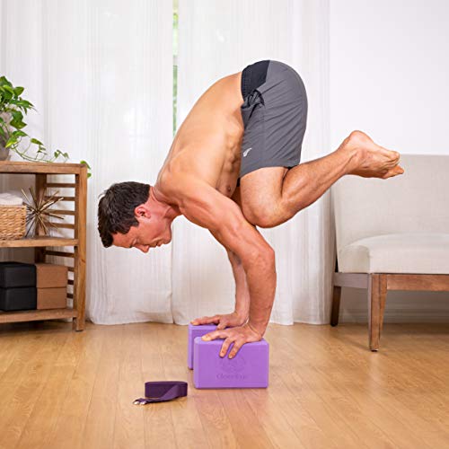 Yoga Blocks and Strap Set 2 Pack Yoga Blocks Light Weight High Density Foam 4 x 6 x 9 Inches and 8 Foot Thick Cotton Yoga Strap for Beginners and Advanced Yogis Supports All Poses (Purple)