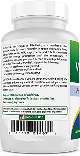 Best Naturals Vitamin B2 (Riboflavin) 400mg - Migraine Relief - Veggie Capsules - Conezyme Precursor - 120 Count (120 Count (Pack of 1))