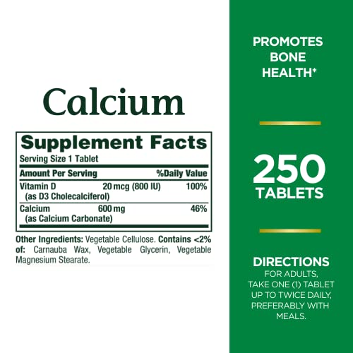 Nature's Bounty Calcium Carbonate & Vitamin D, Supports Immune Health & Bone Health, 600mg Calcium & 800IU Vitamin D3, 250 Tablets