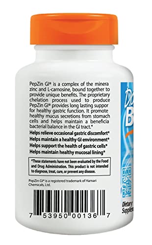 Doctor's Best PepZin GI, Zinc-L-Carnosine Complex, Non-GMO, Vegan, Gluten /Soy Free, Digestive Support, 120 Veggie Caps