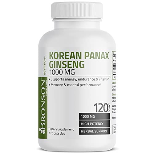 Bronson Korean Panax Ginseng 1000 mg Supports Energy, Endurance & Vitality + Memory and Mental Performance, 120 Capsules