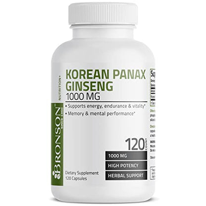 Bronson Korean Panax Ginseng 1000 mg Supports Energy, Endurance & Vitality + Memory and Mental Performance, 120 Capsules