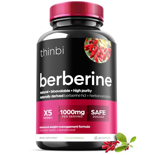 Berberine Supplement 1000mg Potent Botanical Capsules for Weight Management Support with Bitter Melon Fruit and Banaba Leaf Extract - Berberine HCl from Indian Barberry Extract - 30 Servings -Thinbi