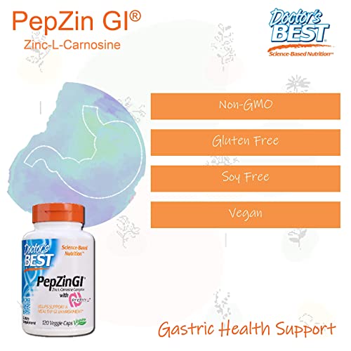 Doctor's Best PepZin GI, Zinc-L-Carnosine Complex, Non-GMO, Vegan, Gluten /Soy Free, Digestive Support, 120 Veggie Caps