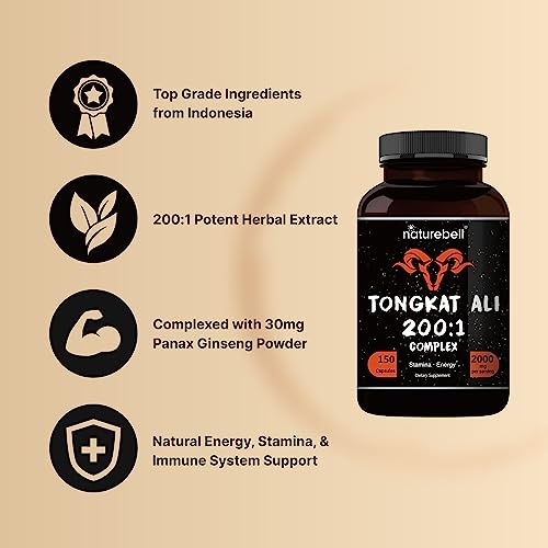 NatureBell Tongkat Ali 200:1 Extract for Men, 2000mg Per Serving, Indonesia Origin, Eurycoma Longifolia | with Panax Ginseng for Energy, Stamina, & Male Health Support (150 Count (Pack of 1))