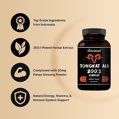 NatureBell Tongkat Ali 200:1 Extract for Men, 2000mg Per Serving, Indonesia Origin, Eurycoma Longifolia | with Panax Ginseng for Energy, Stamina, & Male Health Support (150 Count (Pack of 1))