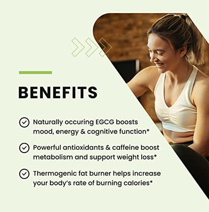 Green Tea Weight Loss Pills | Belly Fat Burner, Metabolism Booster, & Appetite Suppressant for Women & Men | 45% EGCG | With Green Coffee Bean Extract | Vegan, Gluten-Free Supplement | 60 Capsules